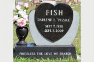 Picture of Single Grave Monument for Darlene E. Pezall Fish designed by the Krause Monument Company, located in the Calvary Cemetery in Reedsburg, Wisconsin.