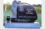 Picture of Single Grave Monumen for Alicia Mae Yanke, designed by the Krause Monument Company, located in the Lutheran Stone Church Cemetery in Rock Springs, Wisconsin.